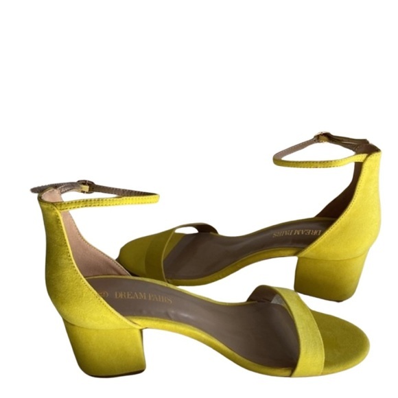 Neon Yellow Open Toe Ankle Strap Low Block Chunky Heels - Size 9.5 by DREAMPAIR‎ - Picture 4 of 6